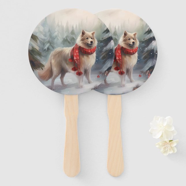 Finnish Lappund Dog in Snow Christmas  Hand Fan (Front and Back)