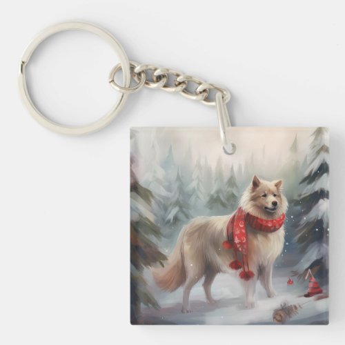 Finnish Lappund Dog in Snow Christmas  Keychain