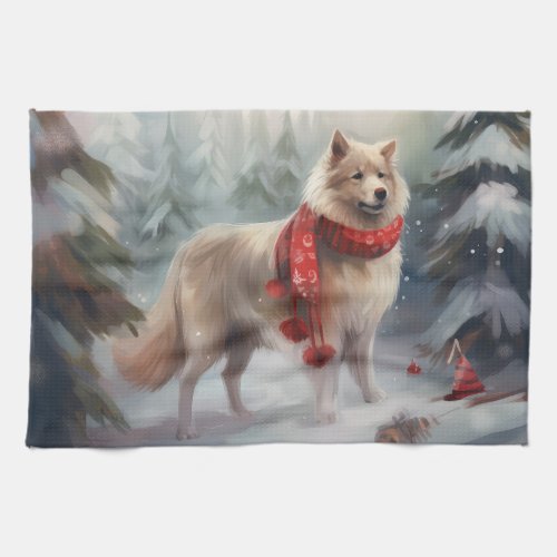 Finnish Lappund Dog in Snow Christmas  Kitchen Towel