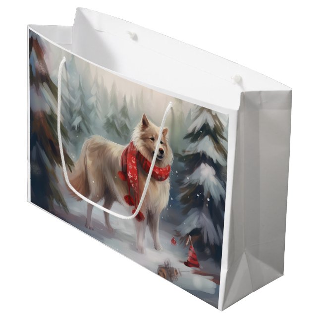 Finnish Lappund Dog in Snow Christmas  Large Gift Bag (Front Angled)