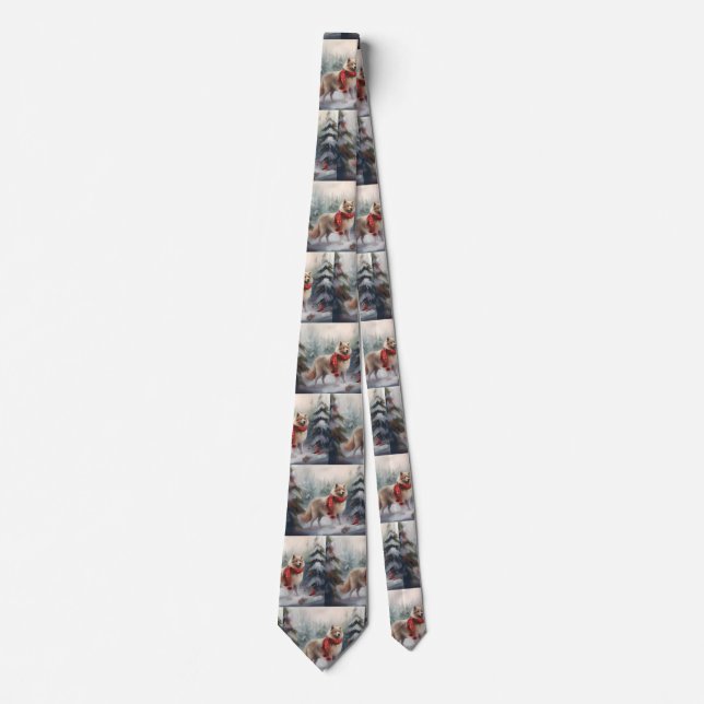 Finnish Lappund Dog in Snow Christmas  Neck Tie (Front)