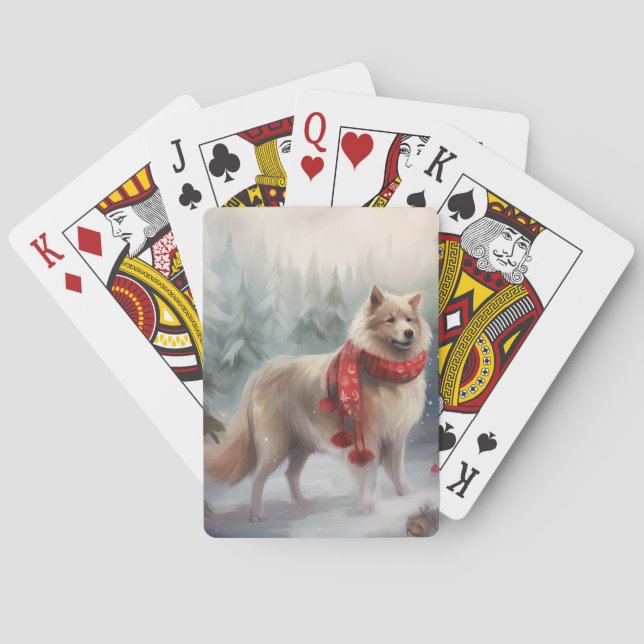 Finnish Lappund Dog in Snow Christmas  Poker Cards (Back)