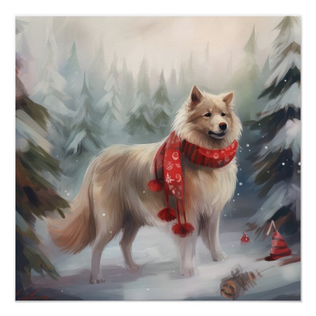 Finnish Lappund Dog in Snow Christmas  Poster (Front)