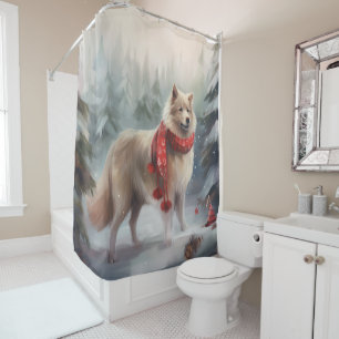 Finnish Lappund Dog in Snow Christmas Shower Curtain