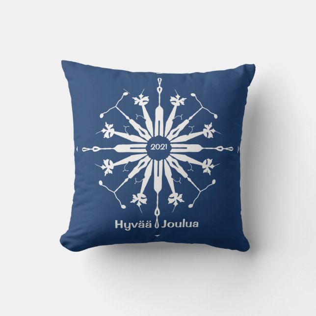 Finnish Merry Christmas Snowflake Throw Pillow (Front)
