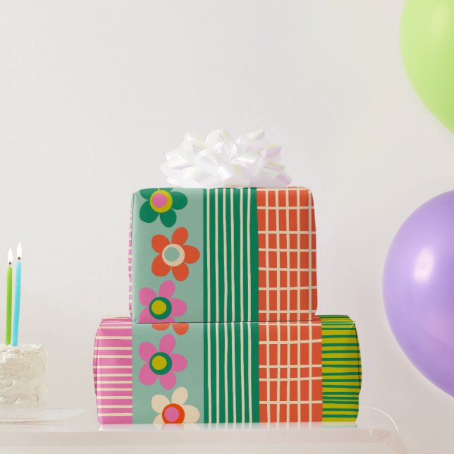 Finnish Patchwork Cheerful Flower Stripe Pattern Wrapping Paper (Party Gifts)
