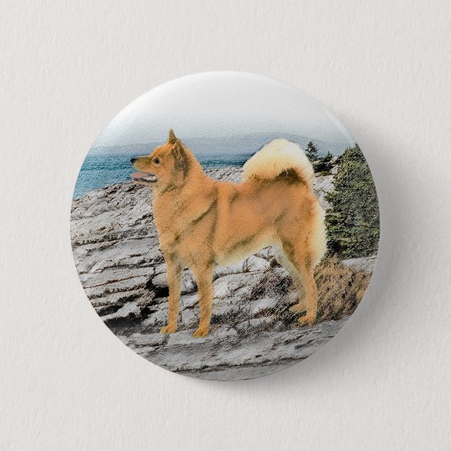 Finnish Spitz at Seashore Painting - Dog Art Button (Front)