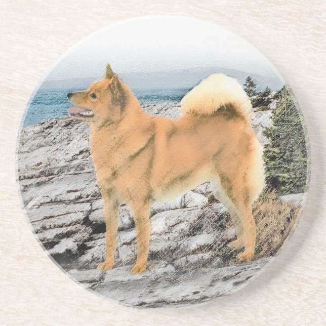Finnish Spitz at Seashore Painting - Dog Art Coaster (Front)
