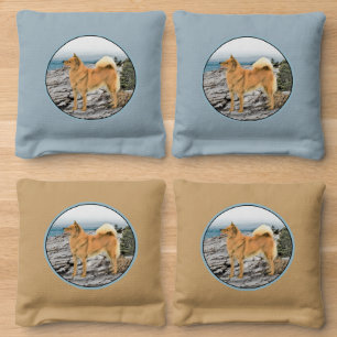Finnish Spitz at Seashore Painting - Dog Art Cornhole Bags