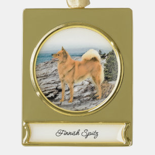 Finnish Spitz at Seashore Painting - Dog Art Gold Plated Banner Ornament
