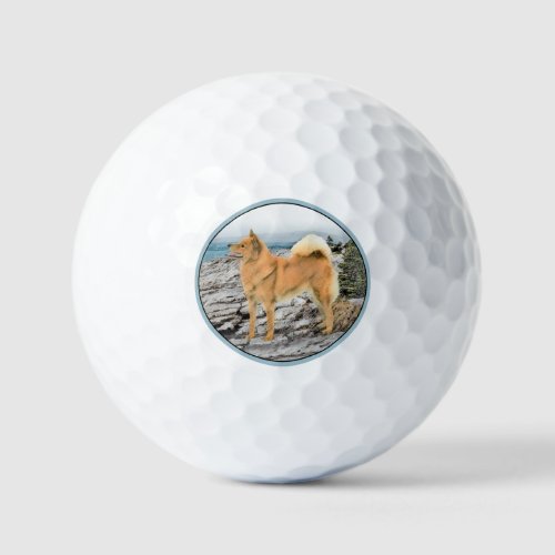 Finnish Spitz at Seashore Painting _ Dog Art Golf Balls