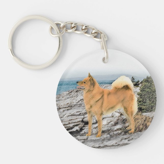 Finnish Spitz at Seashore Painting - Dog Art Keychain (Front)
