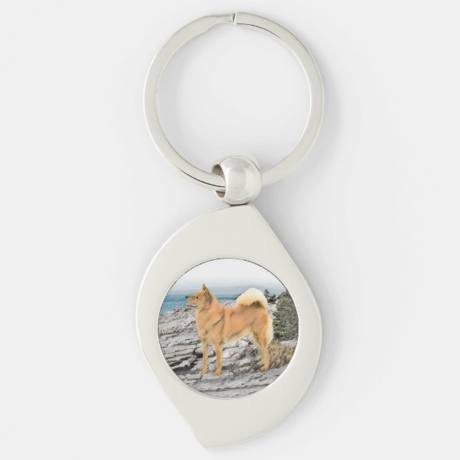 Finnish Spitz at Seashore Painting - Dog Art Keychain (Front)
