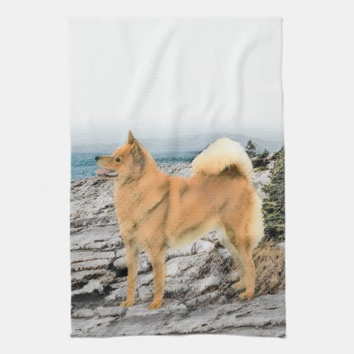 Finnish Spitz at Seashore Painting _ Dog Art Kitchen Towel