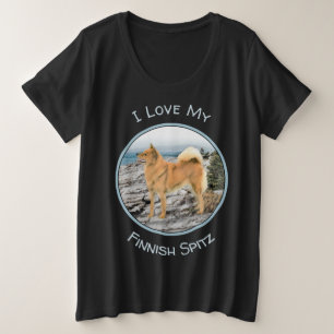 Finnish Spitz at Seashore Painting - Dog Art Plus Size T-Shirt