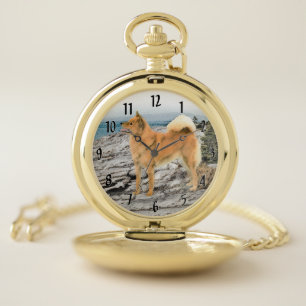 Finnish Spitz at Seashore Painting - Dog Art Pocket Watch