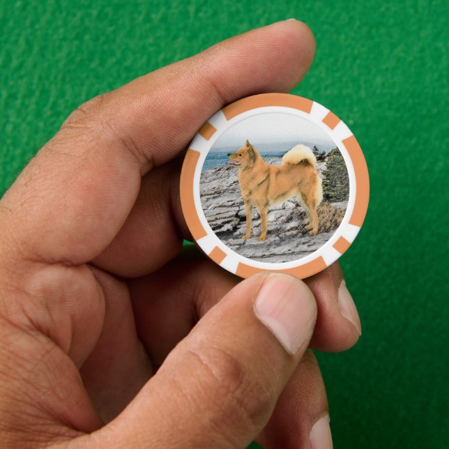 Finnish Spitz at Seashore Painting - Dog Art Poker Chips (Hand)