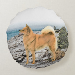 Finnish Spitz at Seashore Painting - Dog Art Round Pillow