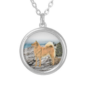Finnish Spitz at Seashore Painting - Dog Art Silver Plated Necklace