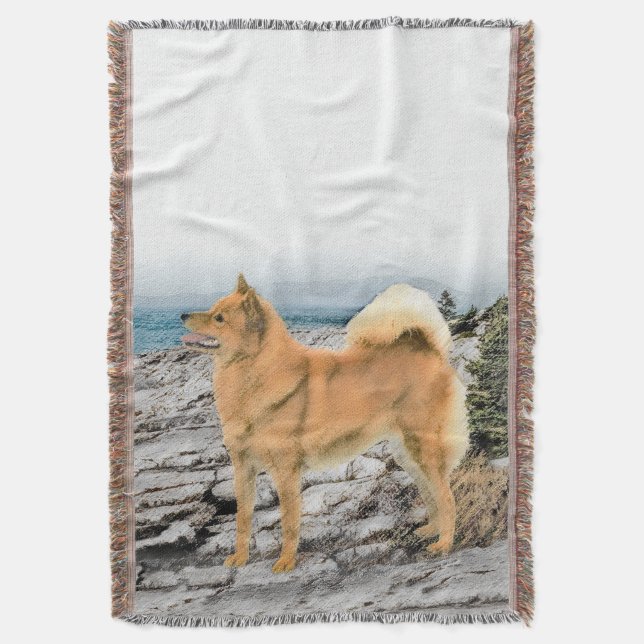 Finnish Spitz at Seashore Painting - Dog Art Throw Blanket (Front Vertical)