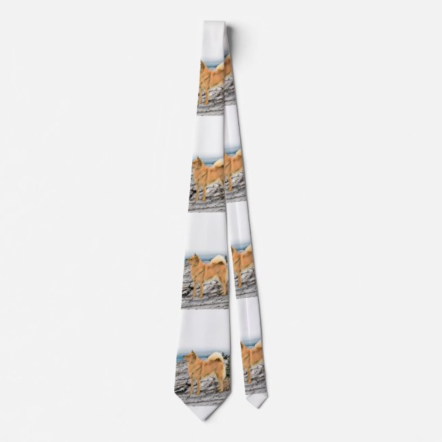 Finnish Spitz at Seashore Painting - Dog Art Tie (Front)