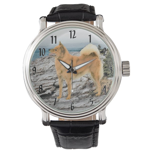 Finnish Spitz at Seashore Painting - Dog Art Watch (Front)