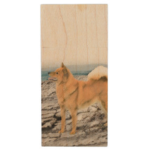 Finnish Spitz at Seashore Painting - Dog Art Wood Flash Drive