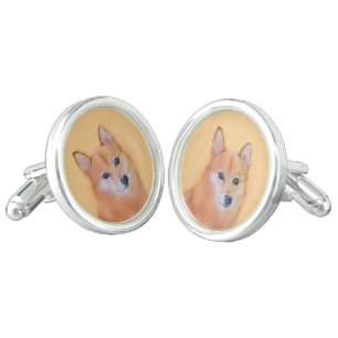 Finnish Spitz Painting - Cute Original Dog Art Cufflinks