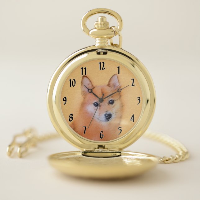 Finnish Spitz Painting - Cute Original Dog Art Pocket Watch (Inside)
