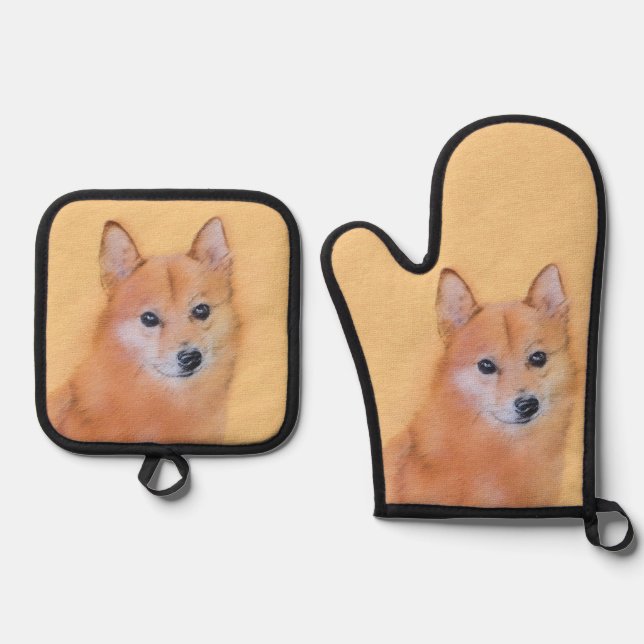 Finnish Spitz Painting Cute Original Pet Dog Art Oven Mitt & Pot Holder Set (Front)