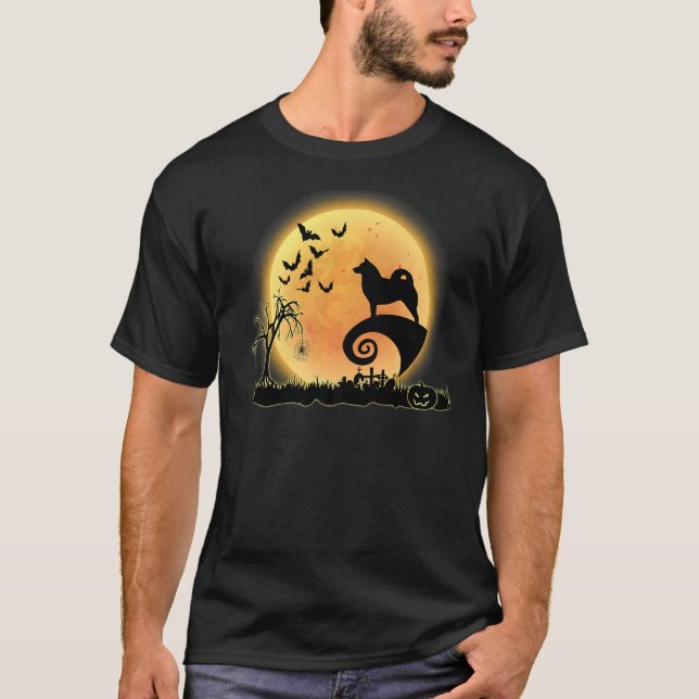 Finnish Spitz Scary And Moon  Dog Halloween Costum T-Shirt (Front)