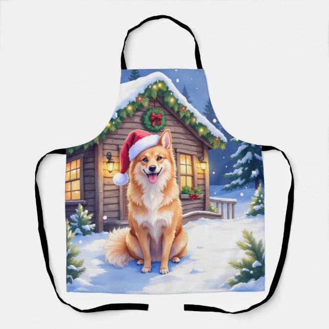 Finnish Spitz Snowy Cabin Santa Hat Christmas Art Apron (Front)