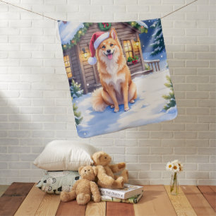 Finnish Spitz Snowy Cabin Santa Hat Christmas Art Baby Blanket