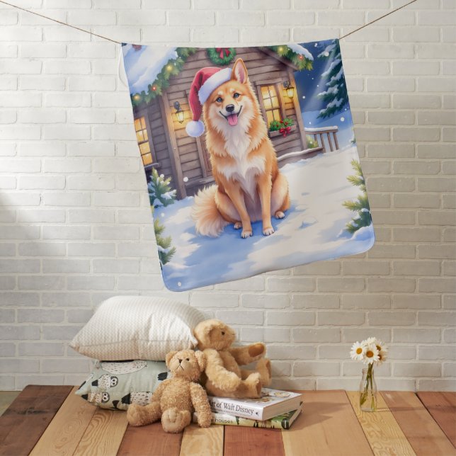 Finnish Spitz Snowy Cabin Santa Hat Christmas Art Baby Blanket (In Situ)
