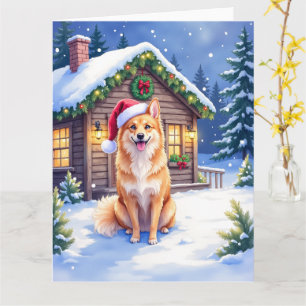 Finnish Spitz Snowy Cabin Santa Hat Christmas Art Card