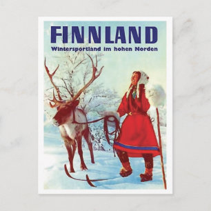 Finnland snow, woman on ski with deer, vintage postcard