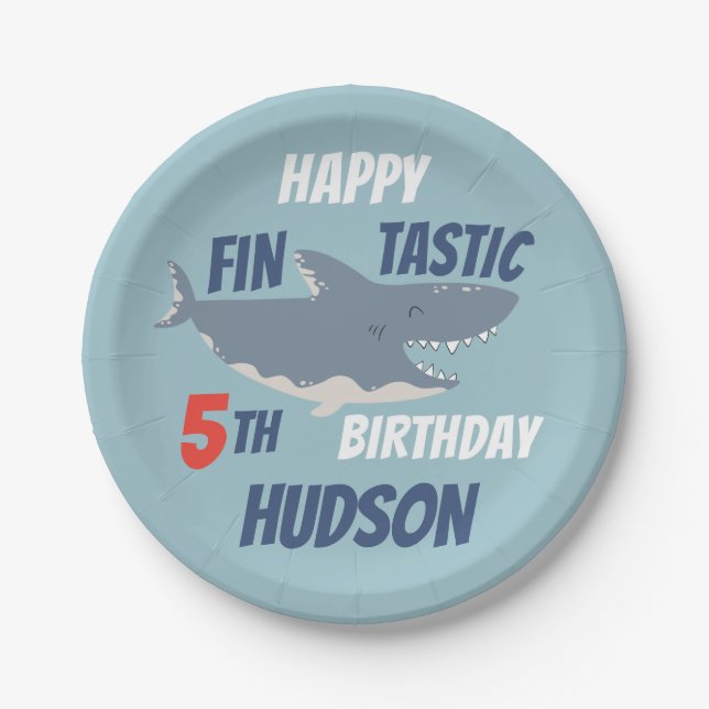 Fintastic Happy Shark Birthday Party, Any Age Paper Plates (Front)