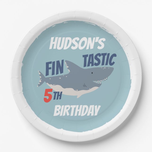 Fintastic Happy Shark Birthday Party, Any Age Paper Plates (Front)