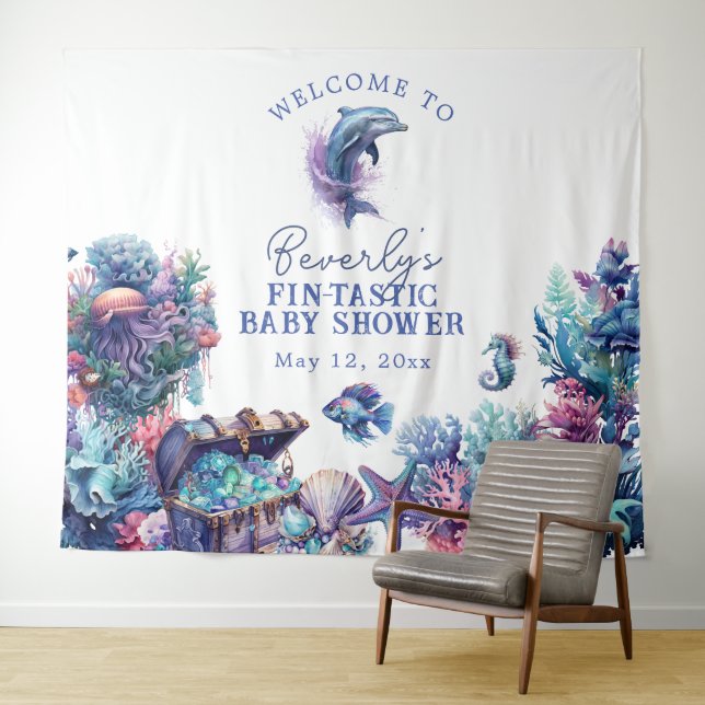 Fintastic One Modern Rustic Watercolor Baby Shower Tapestry (In Situ (Horizontal))