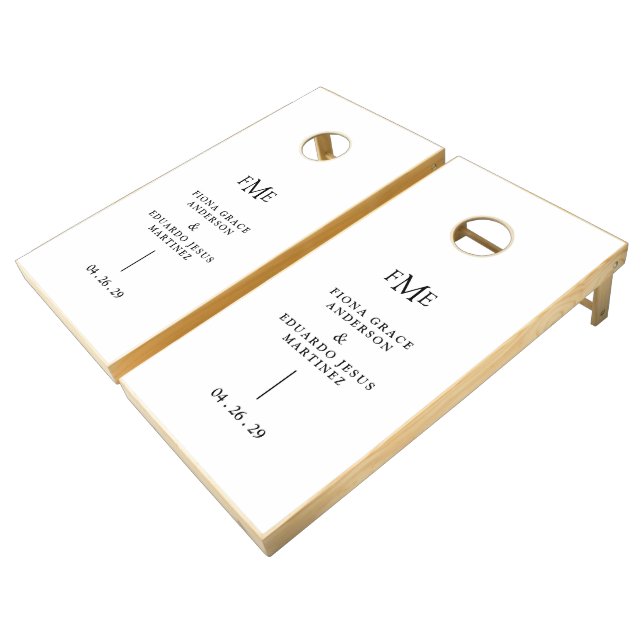 Fiona Black and White Bold Monogram Modern Wedding Cornhole Set (Angled)