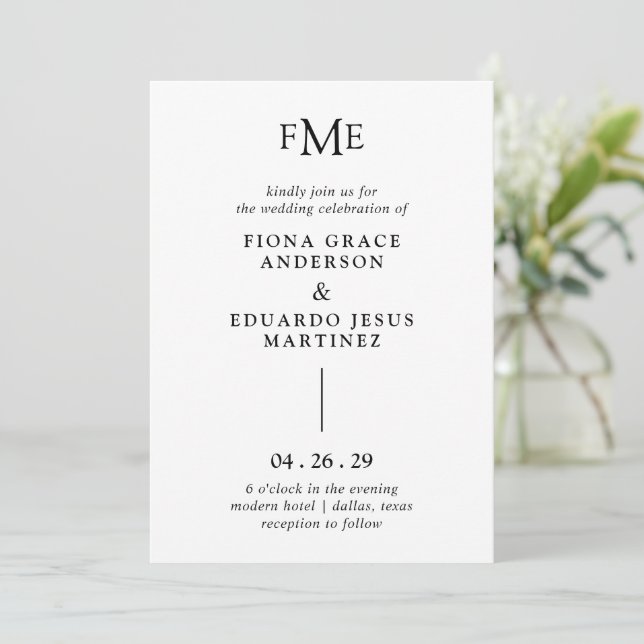 Fiona Black and White Bold Monogram Modern Wedding Invitation (Standing Front)
