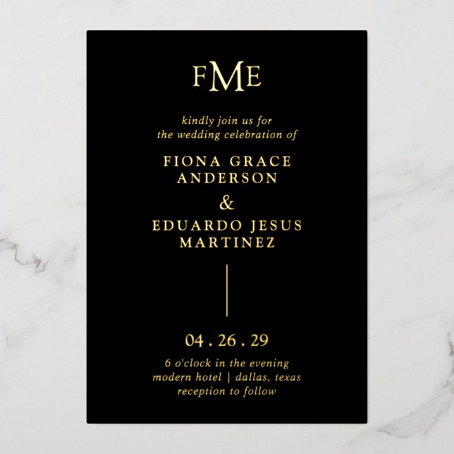 Fiona Black Bold Monogram Modern Wedding Foil Invitation (Front)