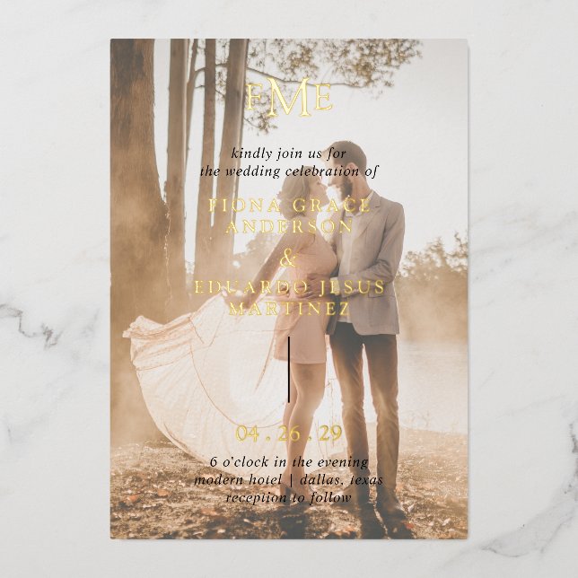 Fiona Photo Bold Monogram Modern Wedding Foil Invitation (Front)
