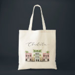 FIONA Watercolor Cute Building Charleston SC Tote Bag<br><div class="desc">This Charleston tote bag features cute and colorful watercolor buildings with an elegant script font. This tote is the perfect gift for your bachelorette weekend,  wedding,  or any other event or gift.</div>