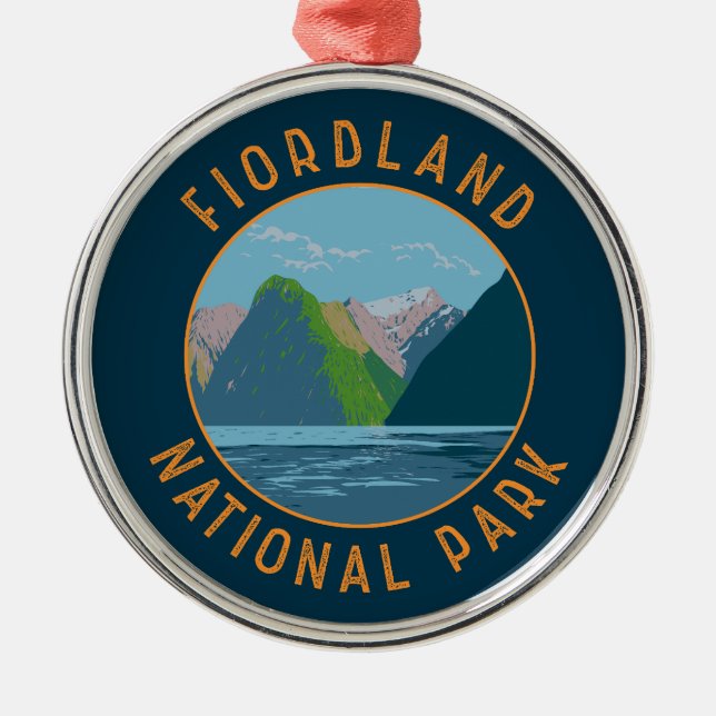Fiordland National Park New Zealand Retro Circle Metal Ornament (Front)