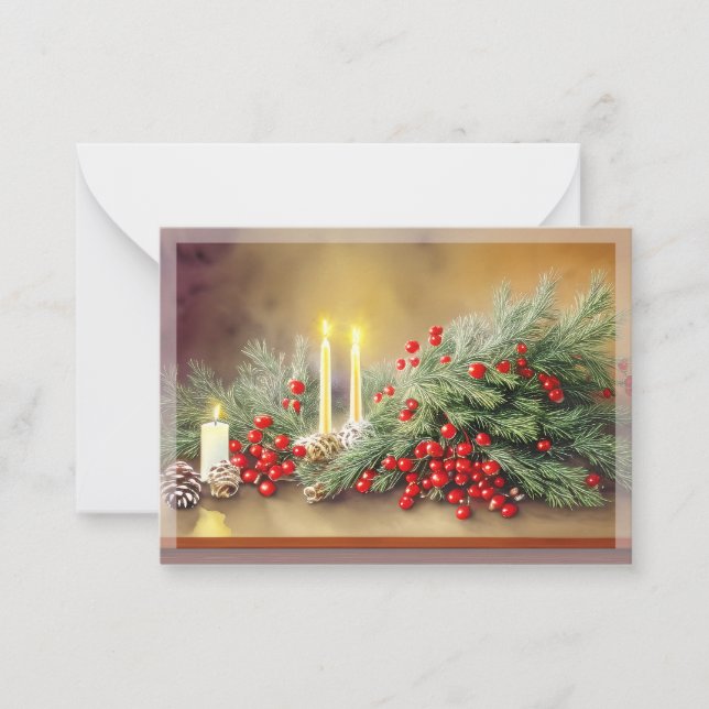 Fir berries and candles budget mini Christmas Note Card (Front)