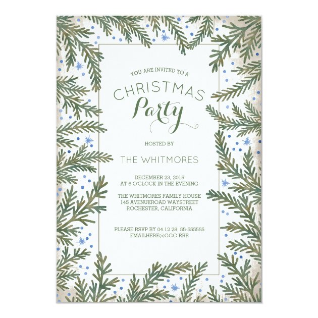 Fir Branches And Snowflakes Christmas Party Invitation