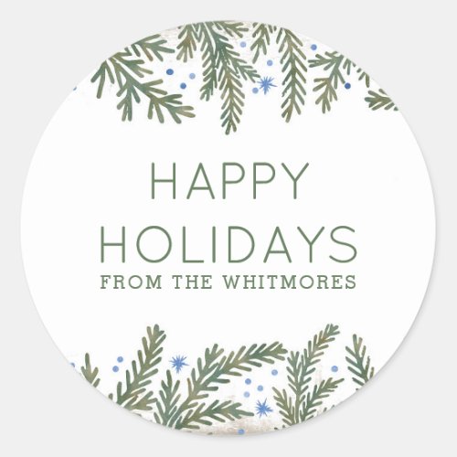 Fir Branches Happy Holidays Classic Round Sticker