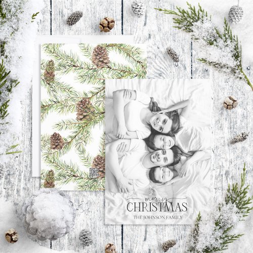Fir Cone Merry Christmas Black  White Photo Holid Holiday Card