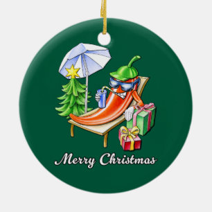 Fir Green Round Merry Christmas Chilli Ceramic Ornament